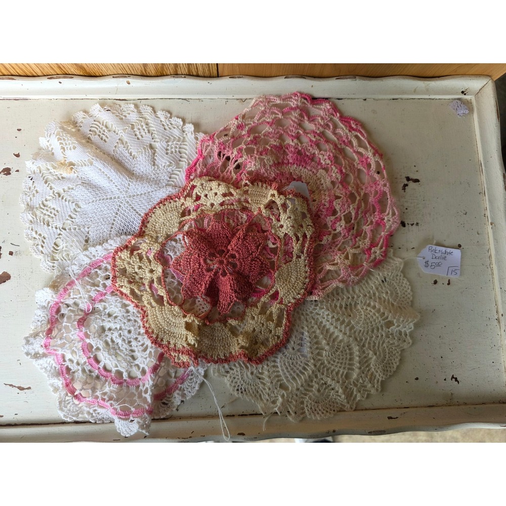 Lot of 5 Vintage Crochet Doilies Pink White Cream Lace Table Decor